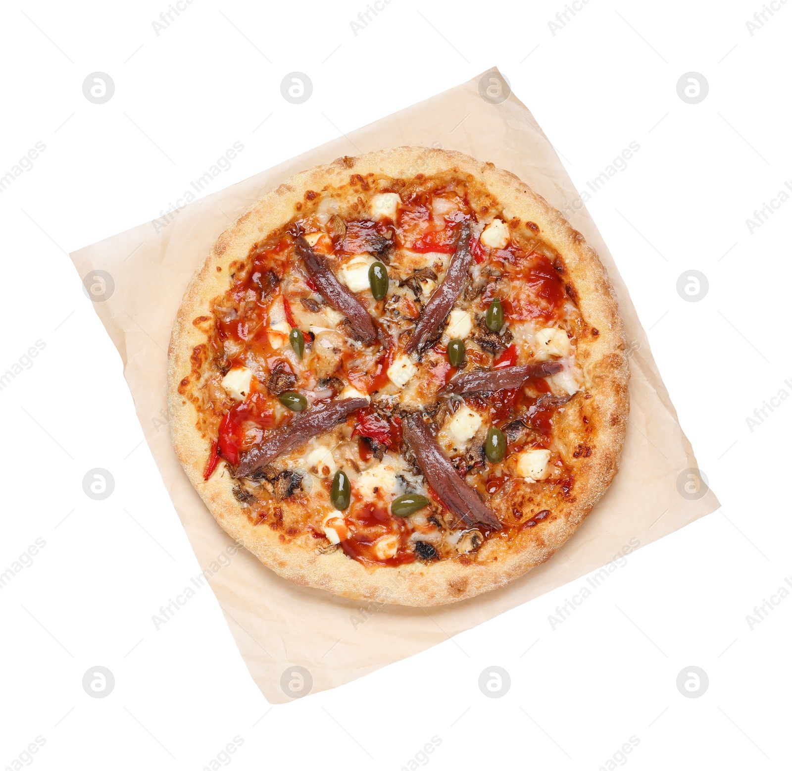 Photo of Tasty pizza with anchovies, arugula and olives isolated on white, top view