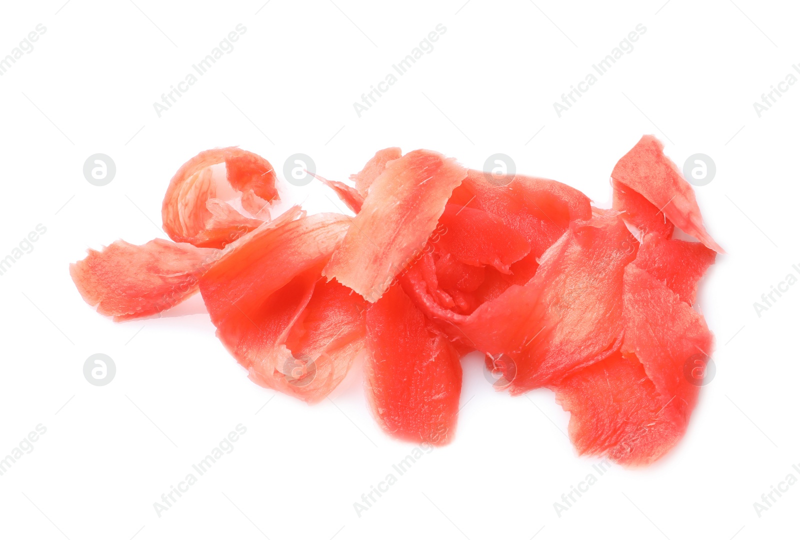 Photo of Piquant pickled ginger on white background, top view. Delicious sauce condiment