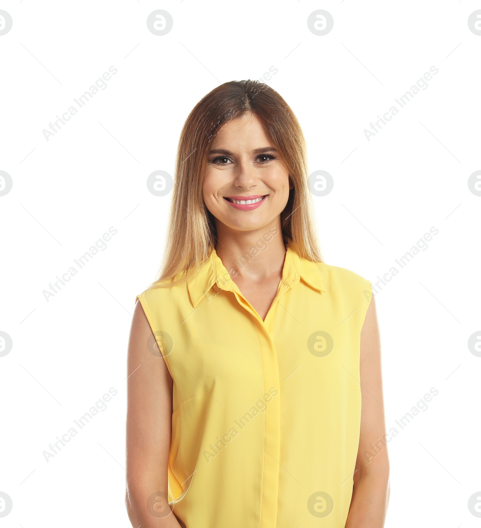 Photo of Portrait of beautiful woman on white background