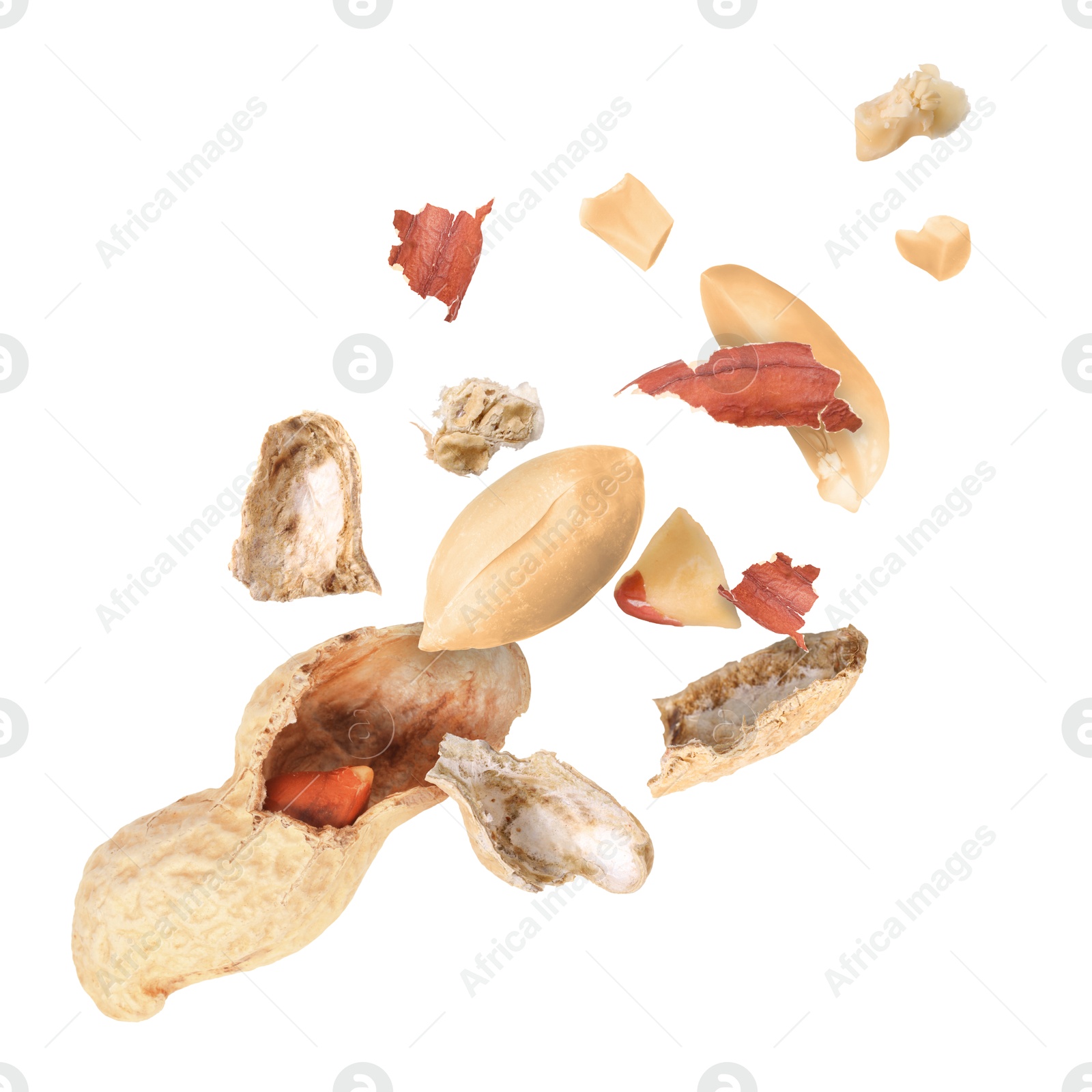 Image of Peanuts and crushed pod in air on white background