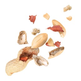 Image of Peanuts and crushed pod in air on white background