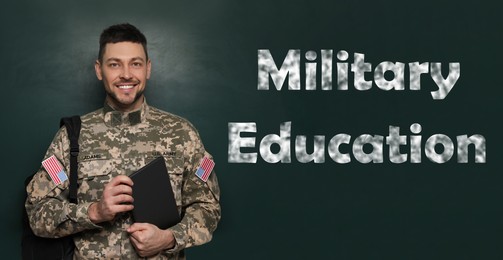 Image of Military education. Cadet with backpack and tablet near green chalkboard