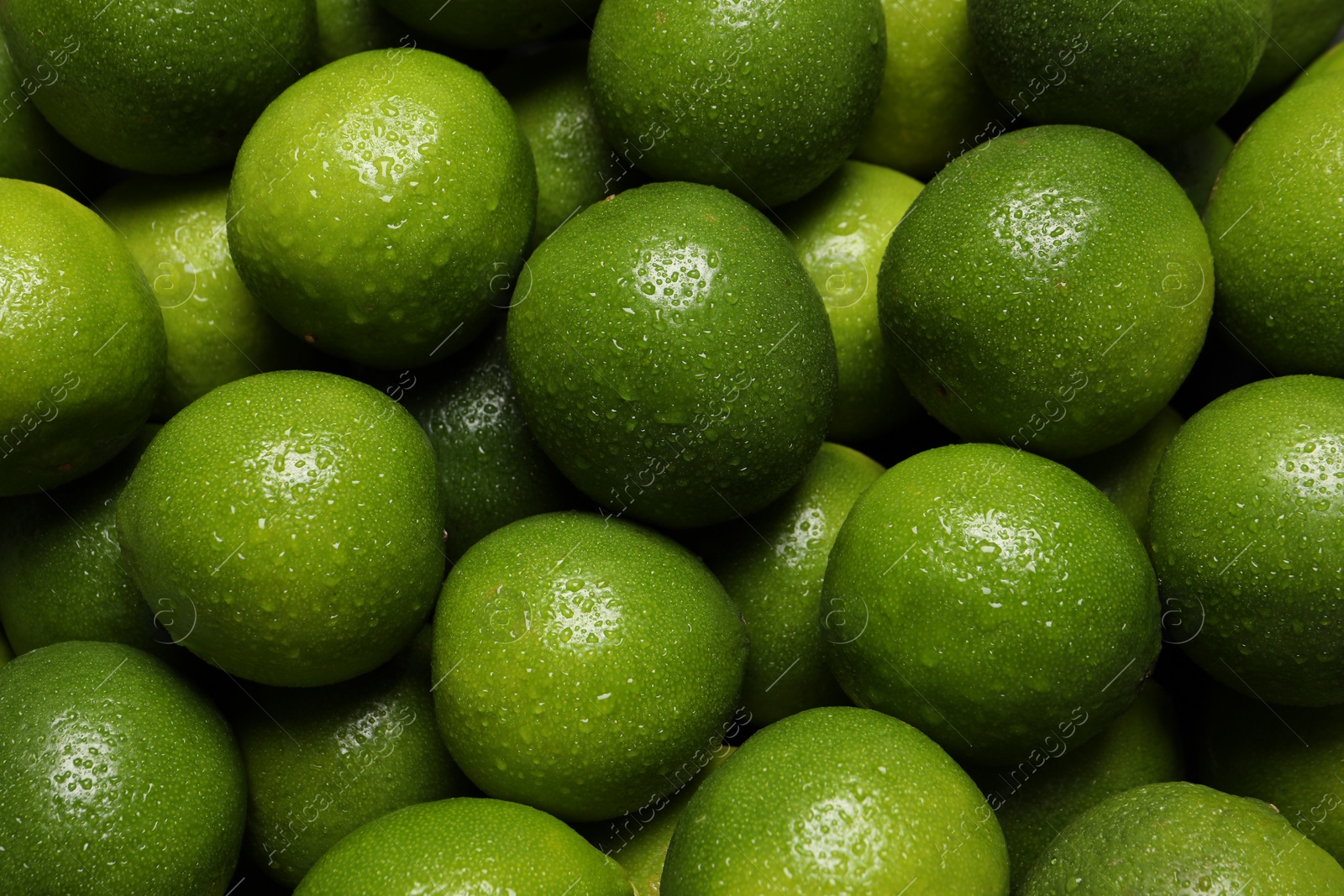 Photo of Fresh ripe limes with water drops as background, top view