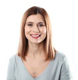 Photo of Smiling woman with perfect teeth on white background