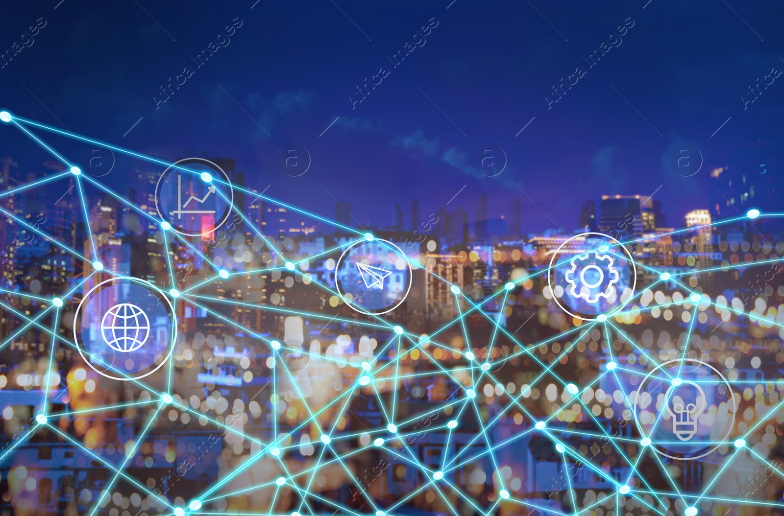 Image of Beautiful cityscape and network connection lines 