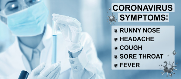 Image of Scientist with sample in test tube at laboratory and list of coronavirus symptoms