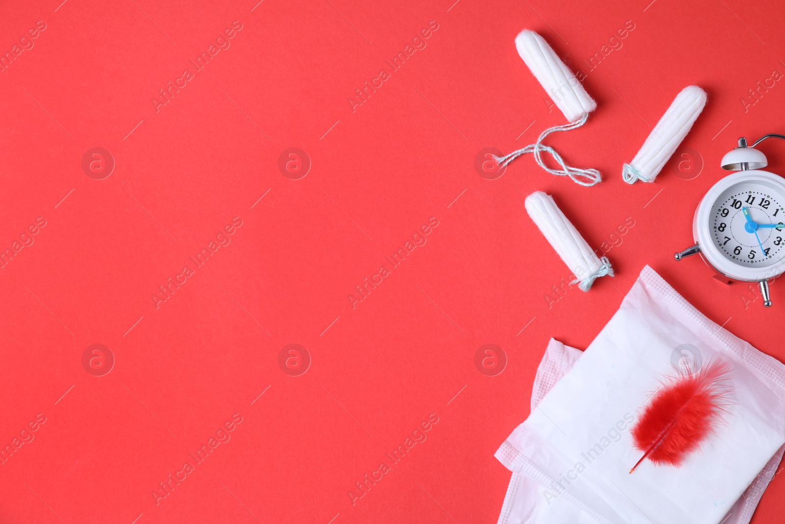 Photo of Different feminine hygiene products, alarm clock and red feather on color background, flat lay with space for text. Gynecological care