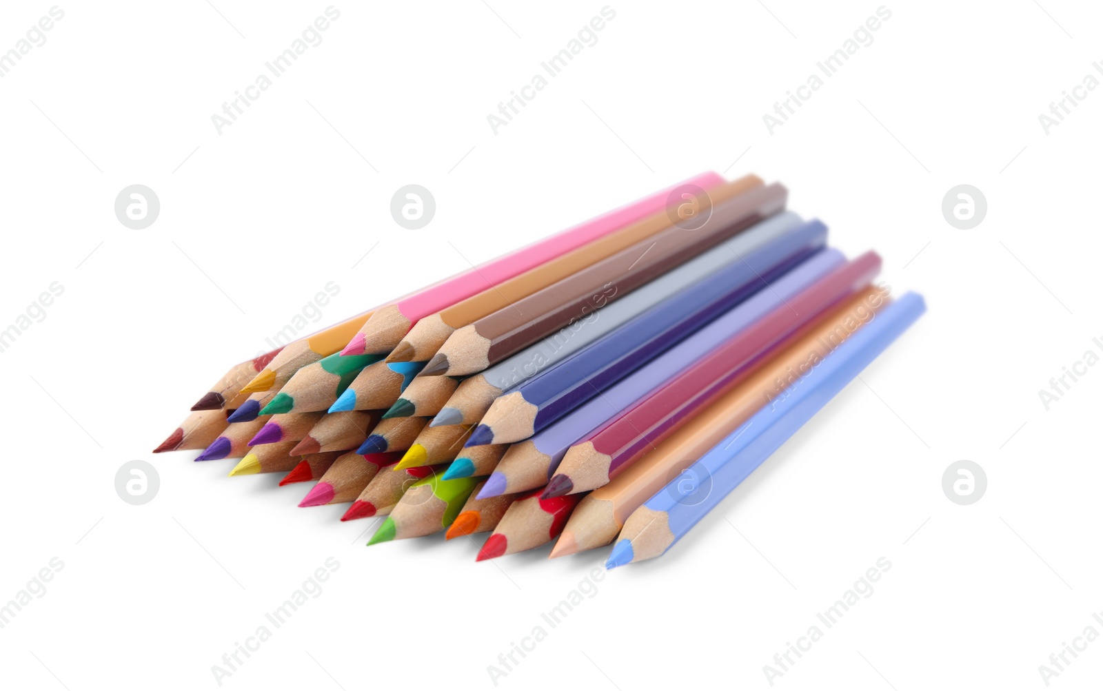 Photo of Pile of colorful wooden pencils on white background