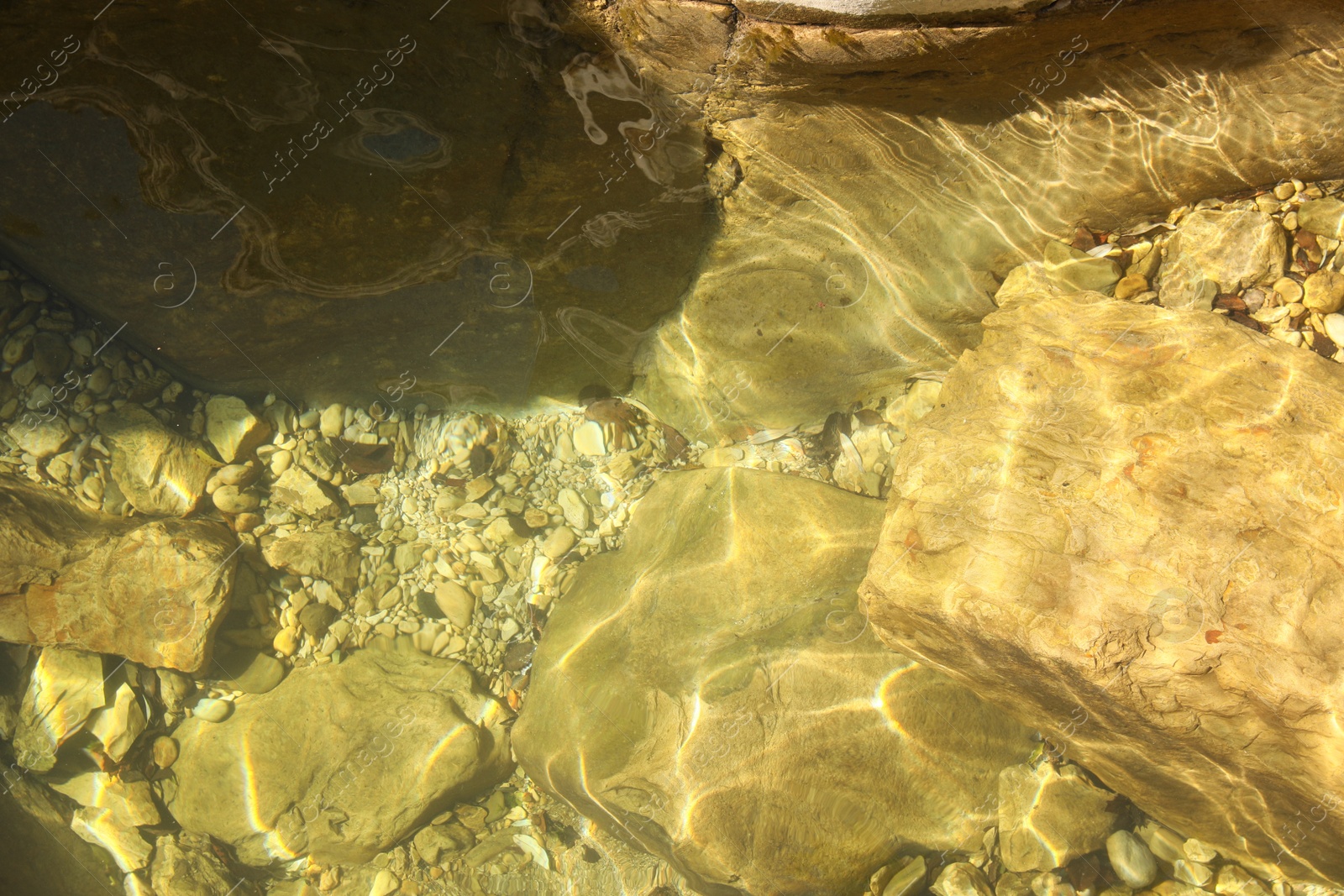 Photo of Beautiful clean pond and rocks as background, top view