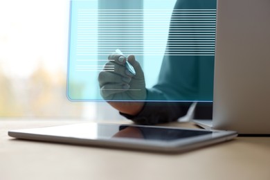 Image of Concept of electronic signature. Woman working on laptop at table indoors, closeup