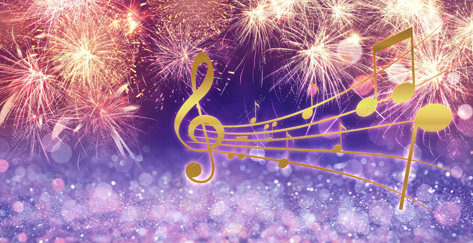 Image of Music notes and fireworks on blurred background, bokeh effect. Banner design