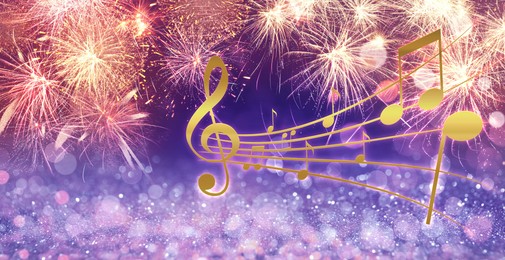 Music notes and fireworks on blurred background, bokeh effect. Banner design