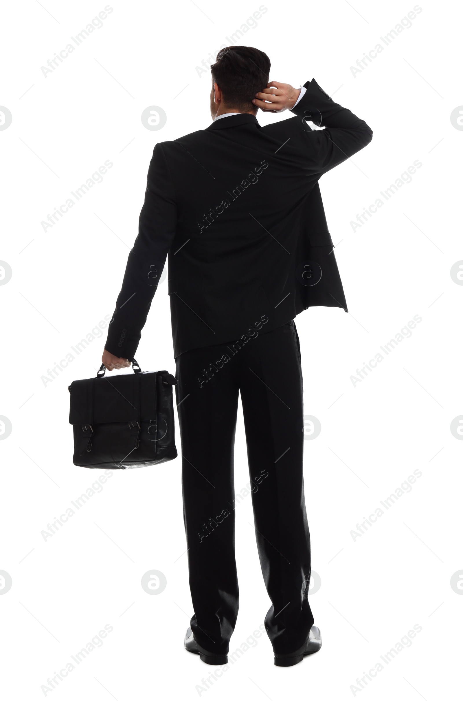 Photo of Businessman with suitcase on white background, back view