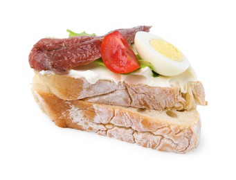 Photo of Delicious bruschettas with anchovies, cream cheese, eggs and tomatoes isolated on white