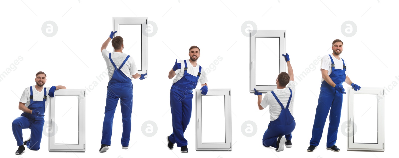 Image of Workers with plastic window on white background, collage. Installation service