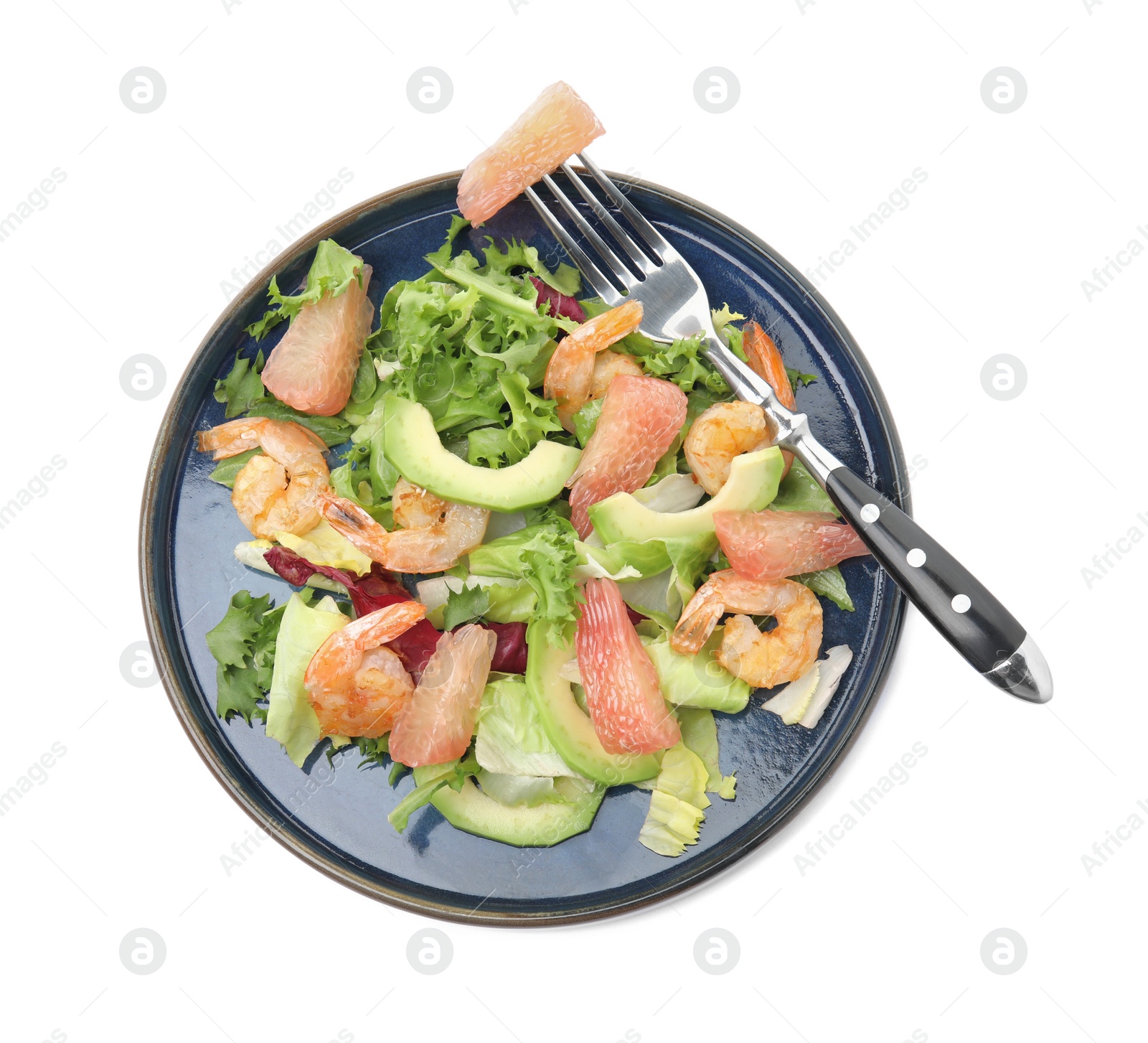 Photo of Delicious pomelo salad with shrimps and fork on white background, top view