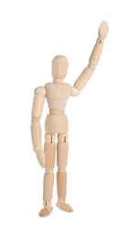 Photo of Wooden human model on white background. Mini mannequin