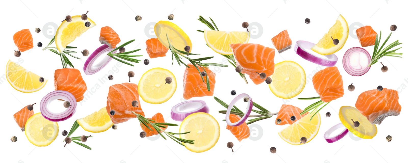 Image of Pieces of delicious fresh raw salmon and different spices on white background. Banner design 