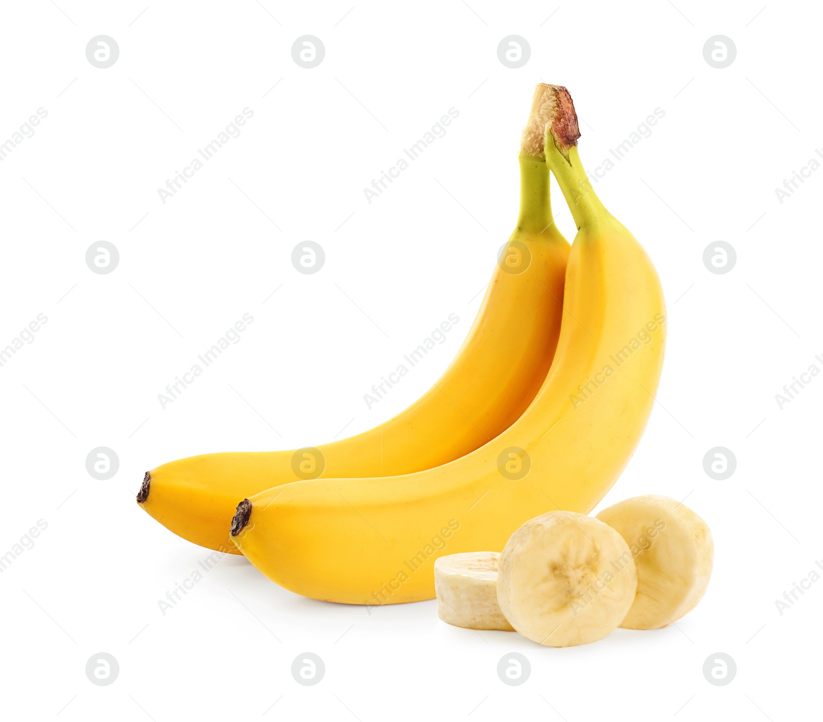 Image of Delicious ripe bananas and pieces on white background