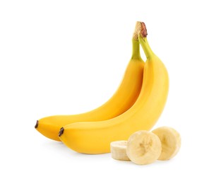 Image of Delicious ripe bananas and pieces on white background