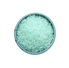 Photo of Bowl with turquoise sea salt isolated on white, top view