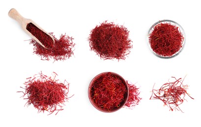 Image of Set with aromatic saffron on white background, top view