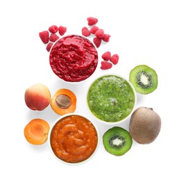 Different puree in bowls and fresh ingredients on white background, top view