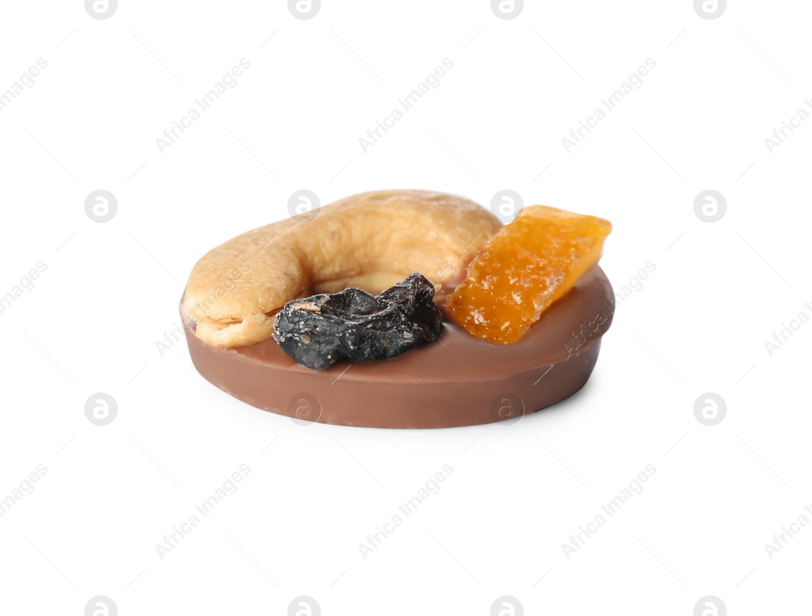 Photo of Delicious chocolate candy with cashew nut and dried fruits isolated on white