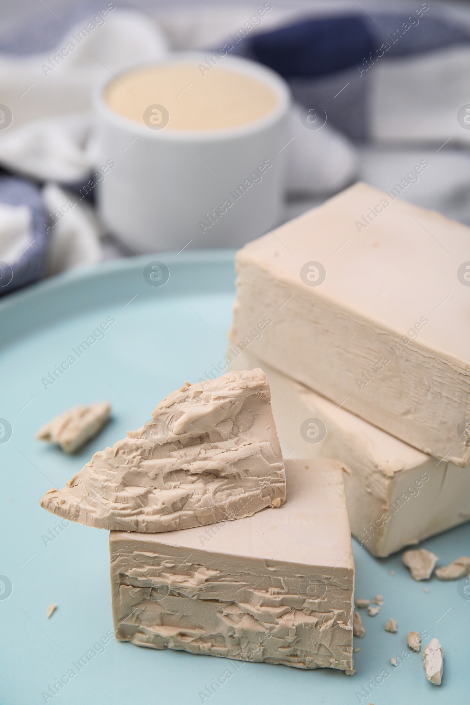 Photo of Blocks of compressed yeast on turquoise plate, closeup