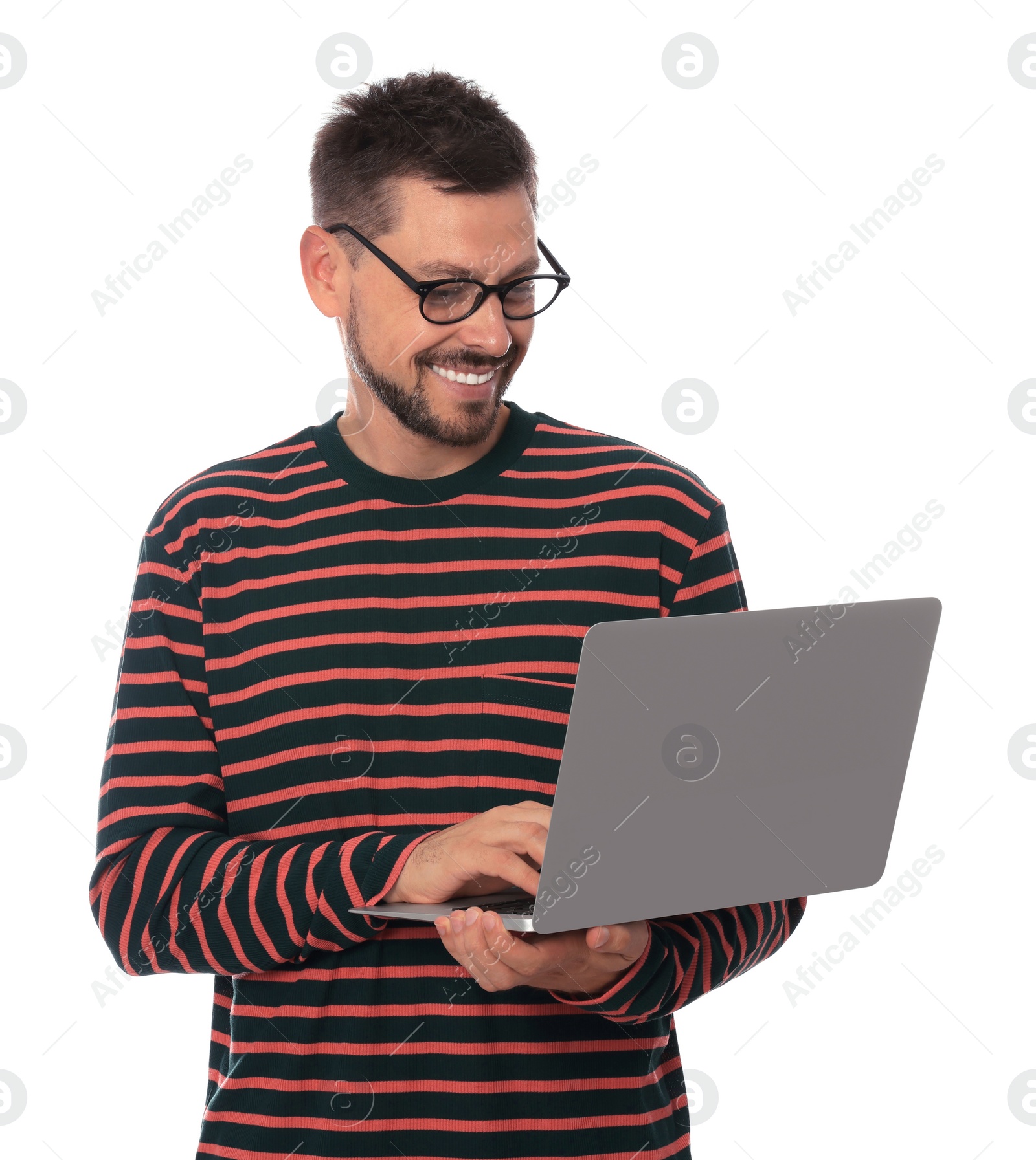 Photo of Smiling man with laptop on white background