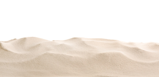 Photo of Heap of dry beach sand on white background