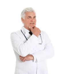 Portrait of pensive male doctor with stethoscope isolated on white. Medical staff