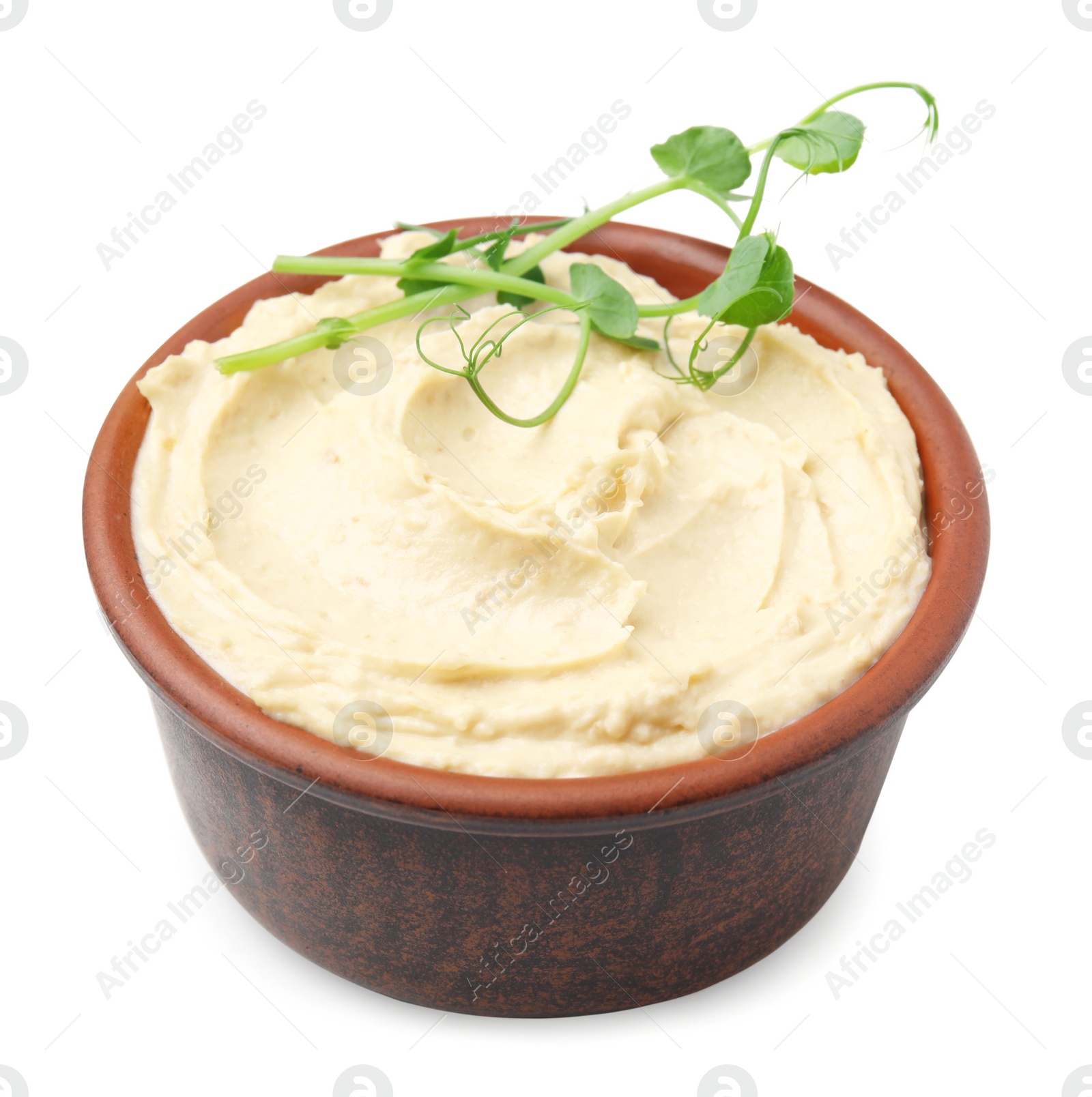 Photo of Bowl with delicious hummus isolated on white