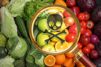 Image of Magnifying glass on fruits and vegetables, top view. Food poisoning concept  
