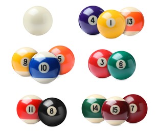 Image of Set with billiard balls on white background