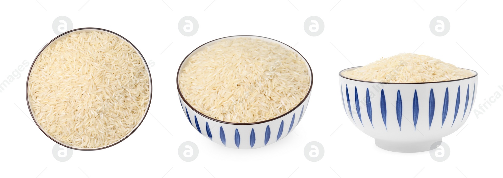 Image of Set with uncooked rice in bowl isolated on white, top and side views