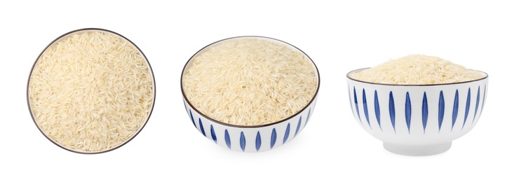 Image of Set with uncooked rice in bowl isolated on white, top and side views