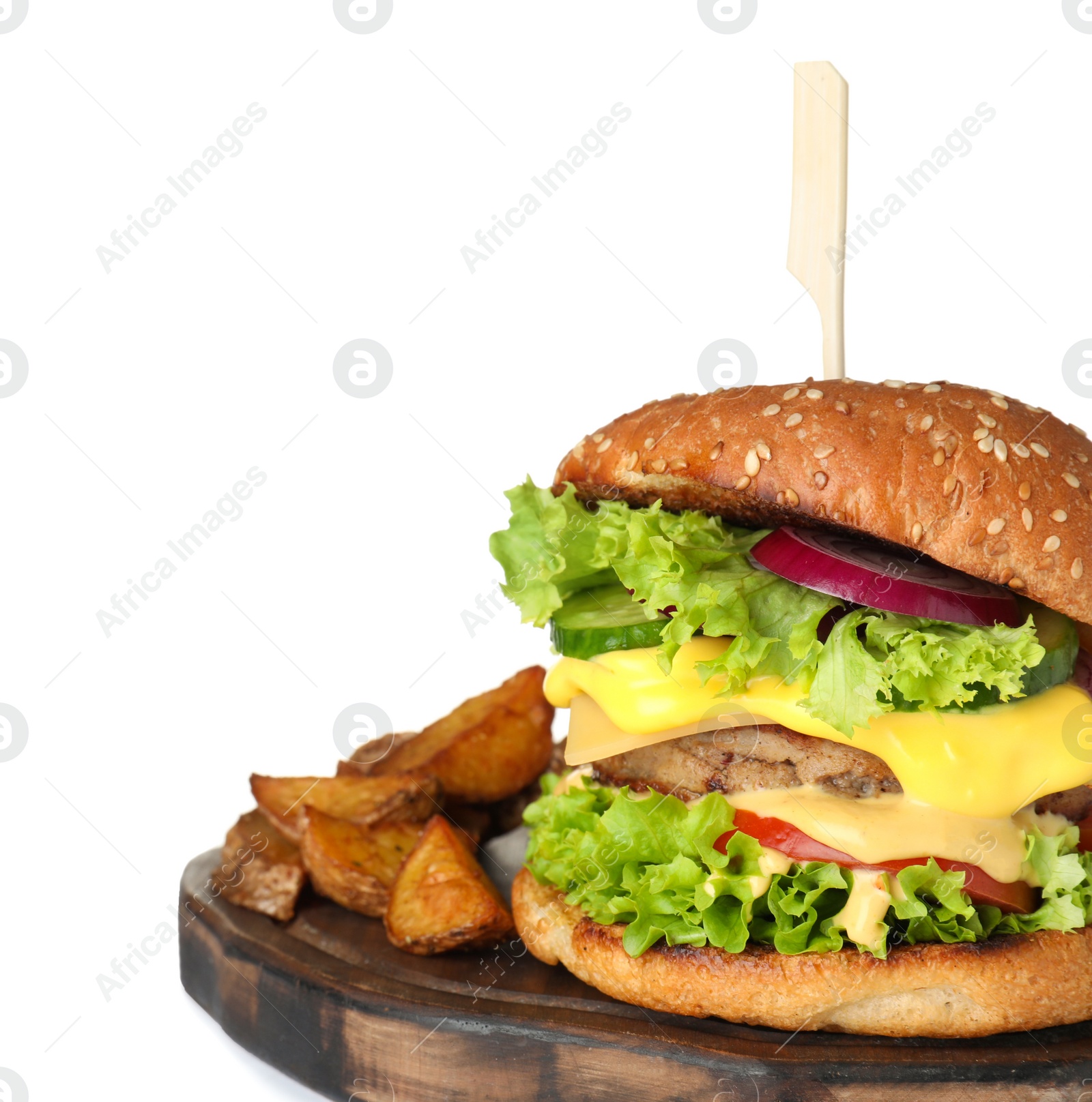 Photo of Wooden serving board with fresh burger and fried potatoes isolated on white