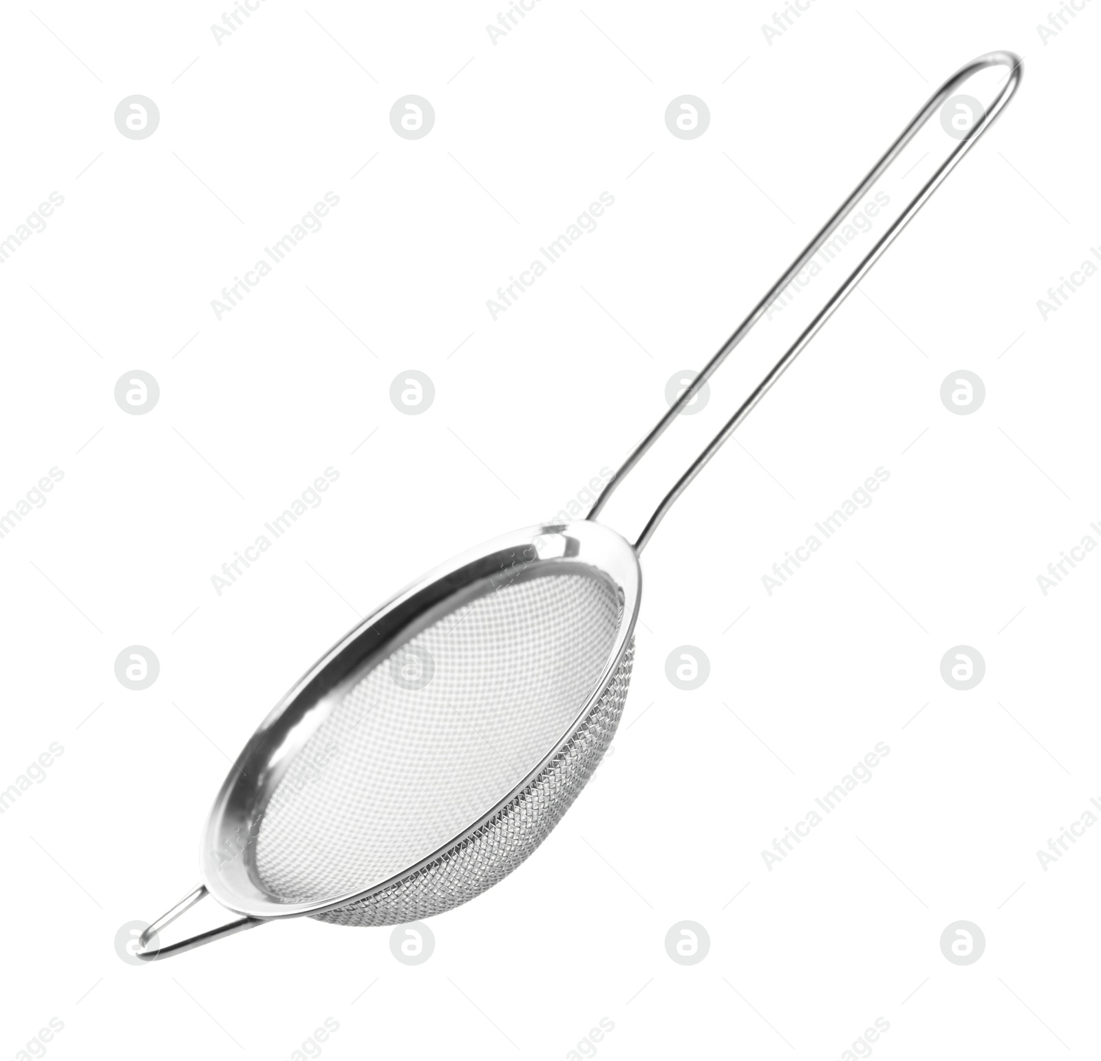 Photo of One metal sieve isolated on white. Kitchen utensil