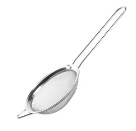 One metal sieve isolated on white. Kitchen utensil