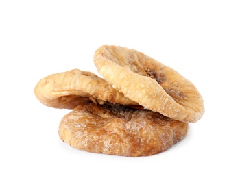 Tasty dried fig fruits on white background