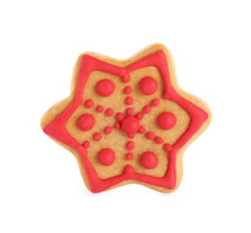 Tasty homemade Christmas cookie on white background