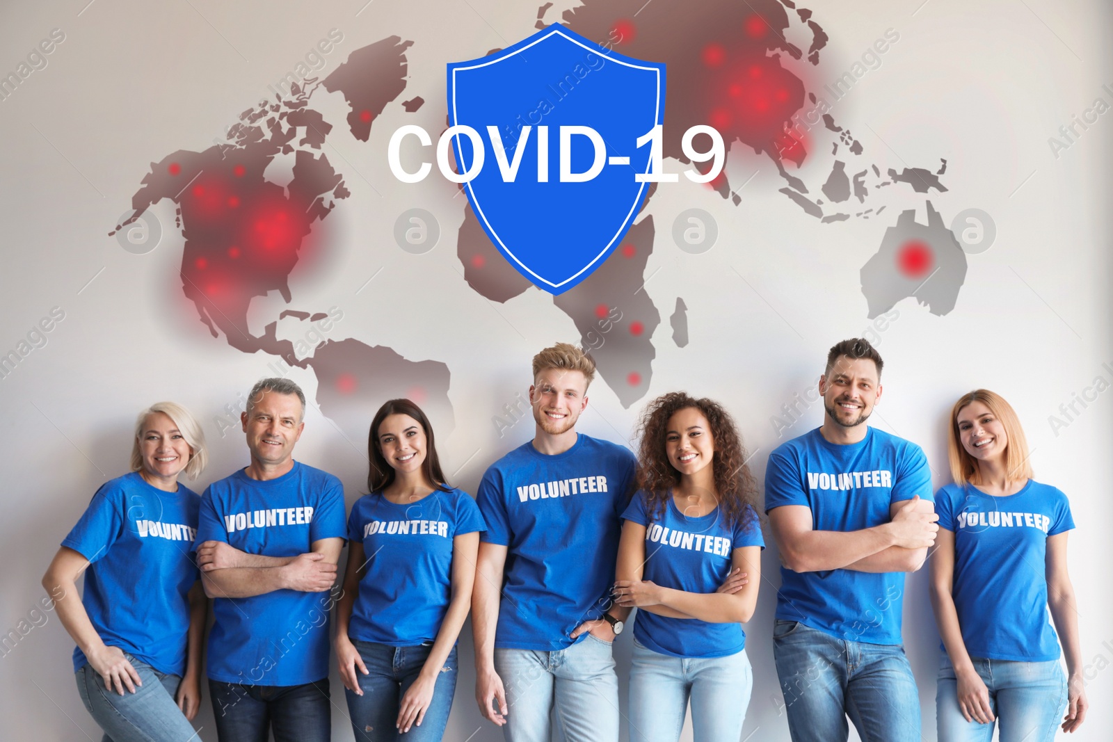 Image of Volunteers uniting to help during COVID-19 outbreak. Group of people on light background, world map and shield illustrations
