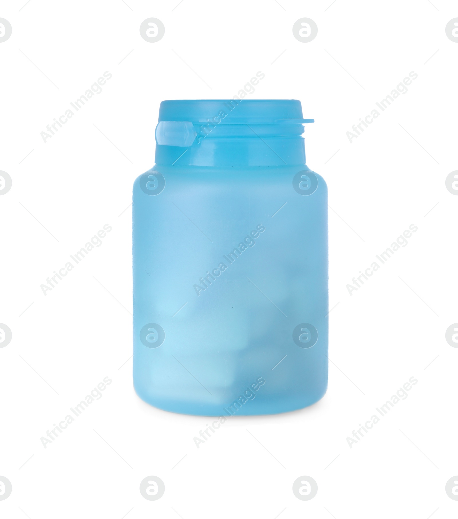 Photo of Light blue jar with chewing gums on white background