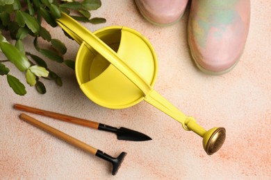 Watering can with gardening tools and green plant on color textured background, flat lay