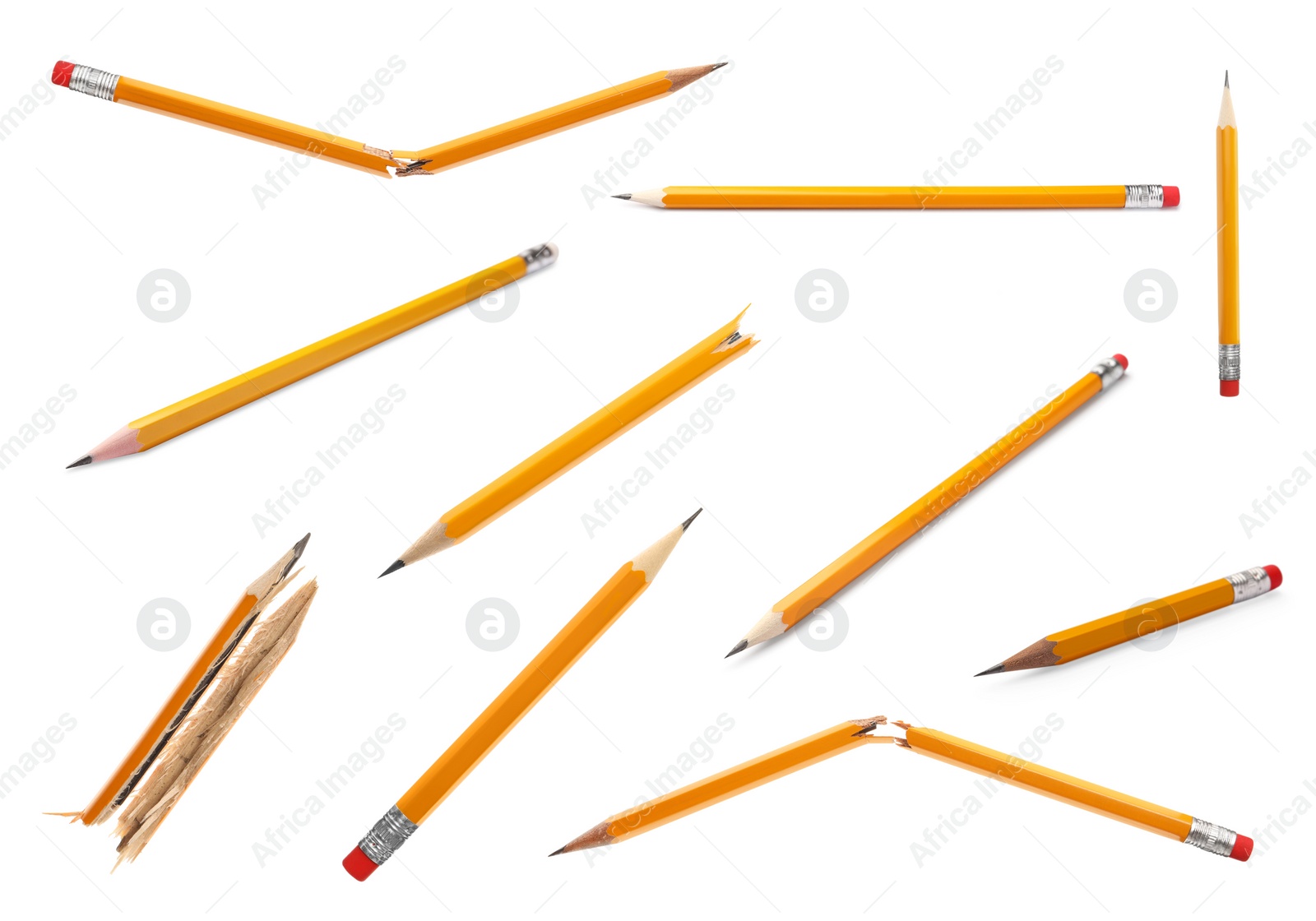 Image of Set with whole and broken pencils on white background