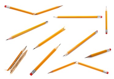 Image of Set with whole and broken pencils on white background