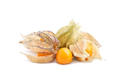 Many ripe physalis fruits with calyxes isolated on white