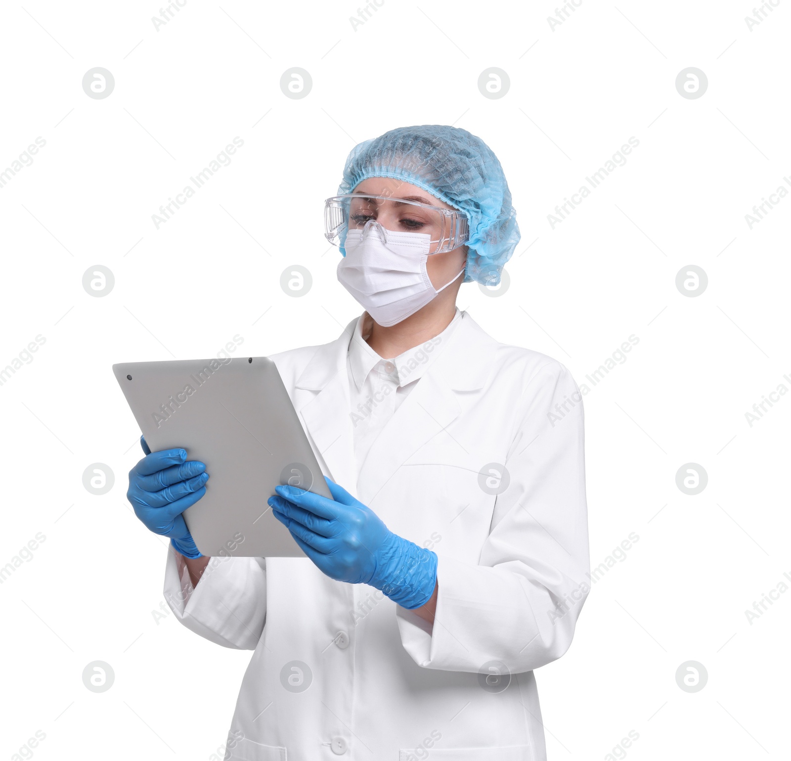 Photo of Quality control. Food inspector with tablet on white background