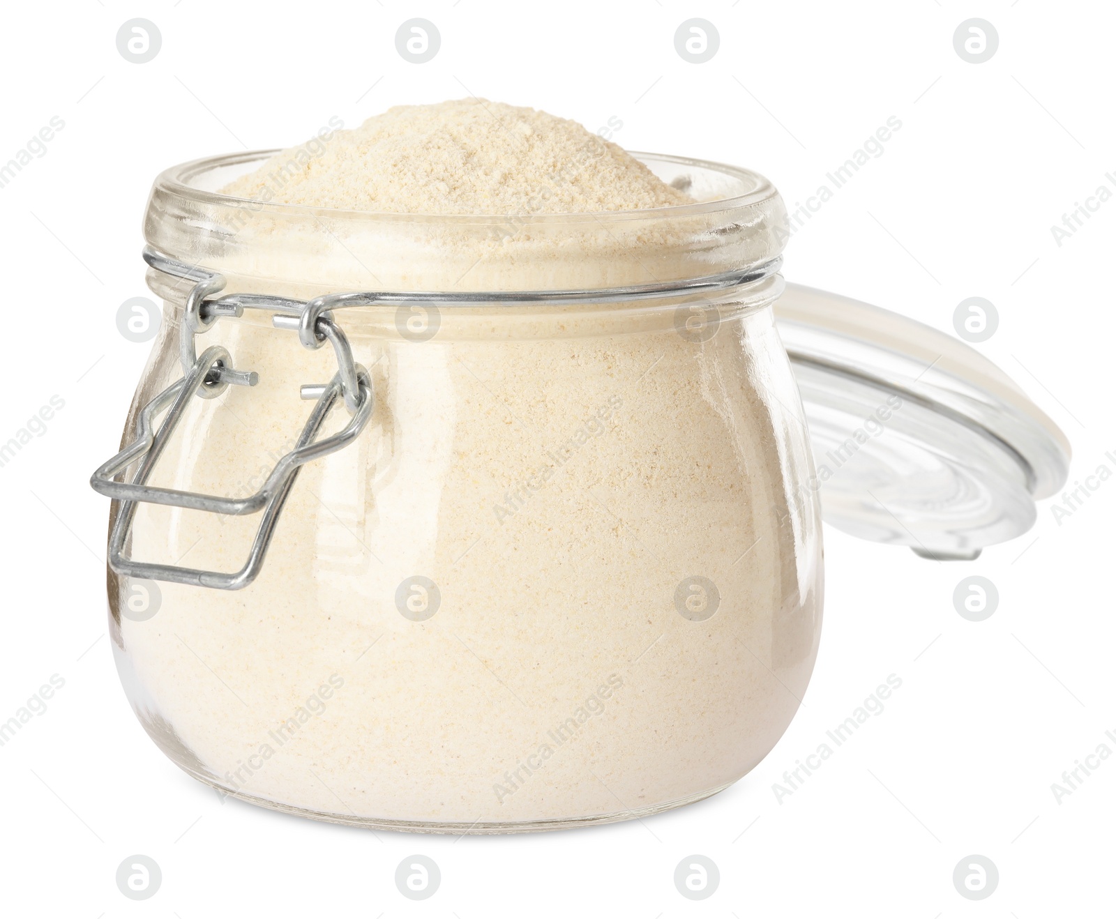 Photo of Jar with quinoa flour on white background